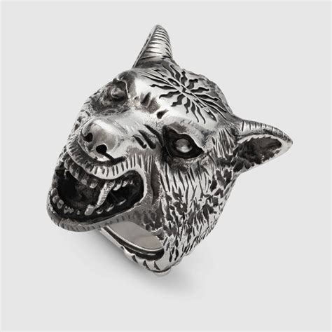 gucci anger forest wolf head ring in silver 10 silver|Gucci Anger Forest .